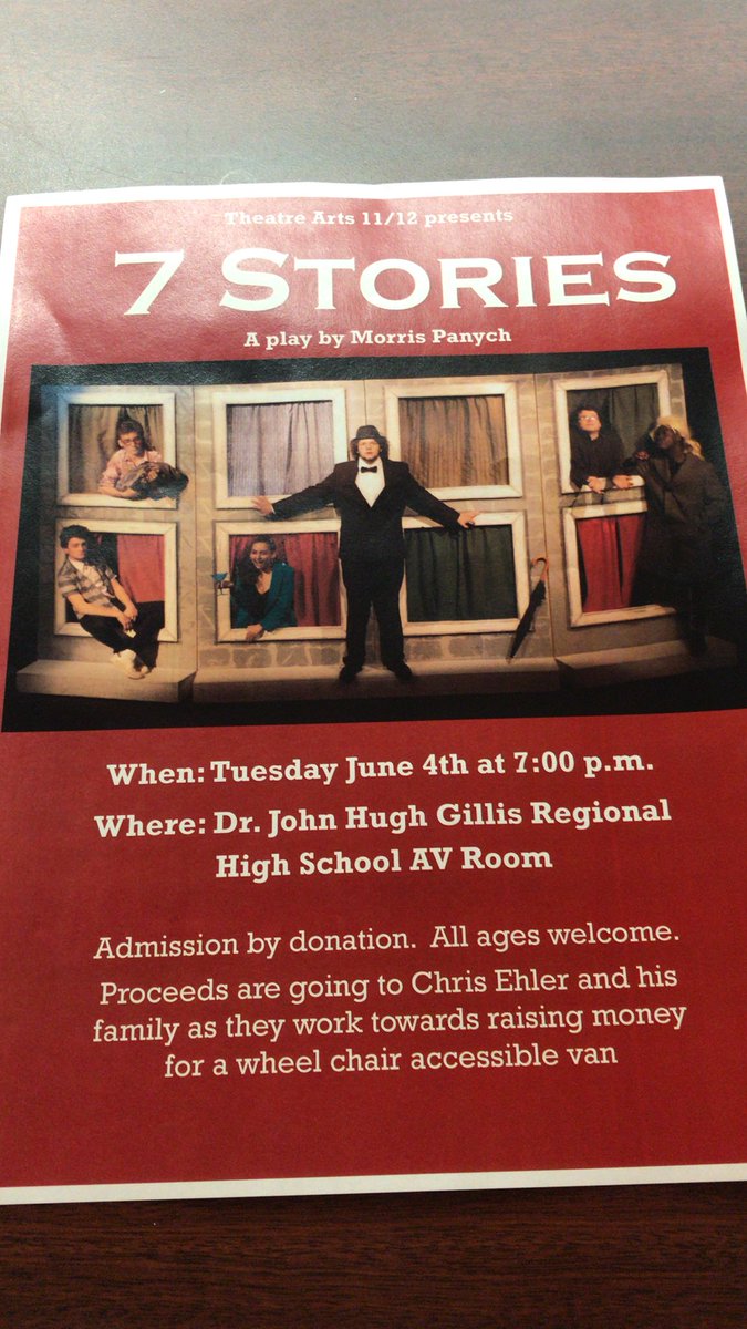 DailyDRJ's tweet photo. Come support the Theatre Arts 11/12 class as they put on the production of 7 Stories. All proceeds will help aid Chris Ehler and his family with their purchase of a wheelchair van. https://t.co/tx6NOo685k