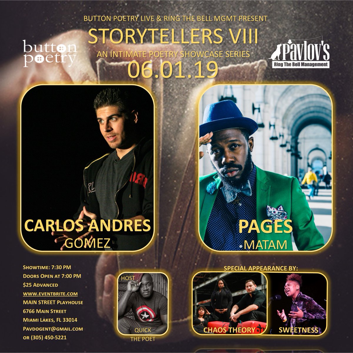 buttonpoetry's tweet photo. Florida! Tomorrow night! Come see the legendary @CarlosAGLive &amp; @pagesofle! 

Tickets: https://t.co/vd4ryuUwZG https://t.co/a23wjRzNjt