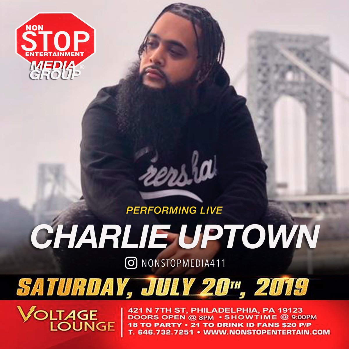 CharlieUptown's tweet photo. Performing Live on 7/20/19 at @voltageLounge Presented by @NonStopMedia411 with Special Guest Celebrity Host @ChrissyMonroe_ from #loveandhiphop Music by #DjSoulBuck & Special Industry Judges #CubanLink #MrCheeks and #Lynnette from #Phillyhottradio Showtime at 9pm #Philadelphia https://t.co/fgHyF6X6YS