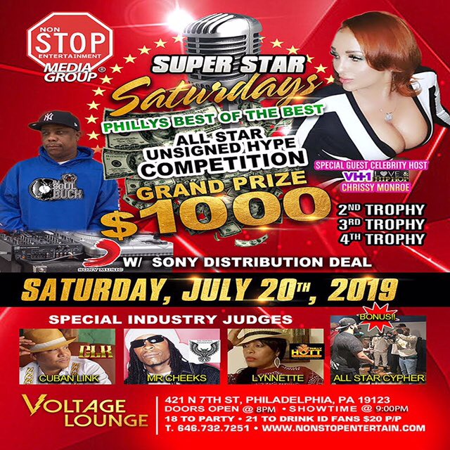 CharlieUptown's tweet photo. Performing Live on 7/20/19 at @voltageLounge Presented by @NonStopMedia411 with Special Guest Celebrity Host @ChrissyMonroe_ from #loveandhiphop Music by #DjSoulBuck & Special Industry Judges #CubanLink #MrCheeks and #Lynnette from #Phillyhottradio Showtime at 9pm #Philadelphia https://t.co/fgHyF6X6YS