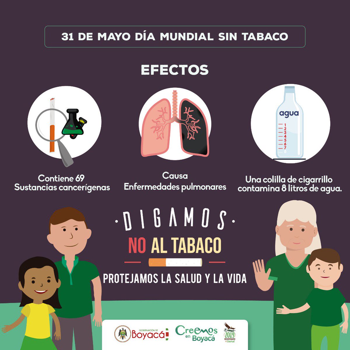GobBoyaca's tweet photo. Diciendo no al tabaco cuidamos nuestra vida, la de los demás y la del medio ambiente. ¿Por qué? En Colombia cada año 25 mil muertes se asocian al consumo de cigarrillo, las colillas tardan en degradarse de 2 a 10 años, y una colilla contamina 8 L de agua. #DíaMundialSinTabaco. https://t.co/0SvAQ5IBZR