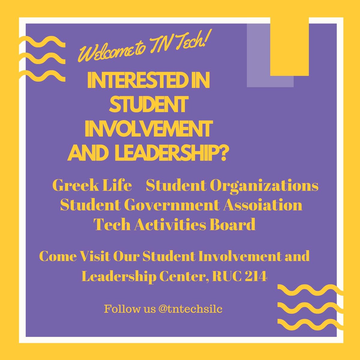 tntechtab's tweet photo. Welcome new students to SOAR and TN Tech! For more information on Greek Life, Student Organizations, Student Government and TAB please visit our center in RUC 214 https://t.co/G4PpIyJPJR