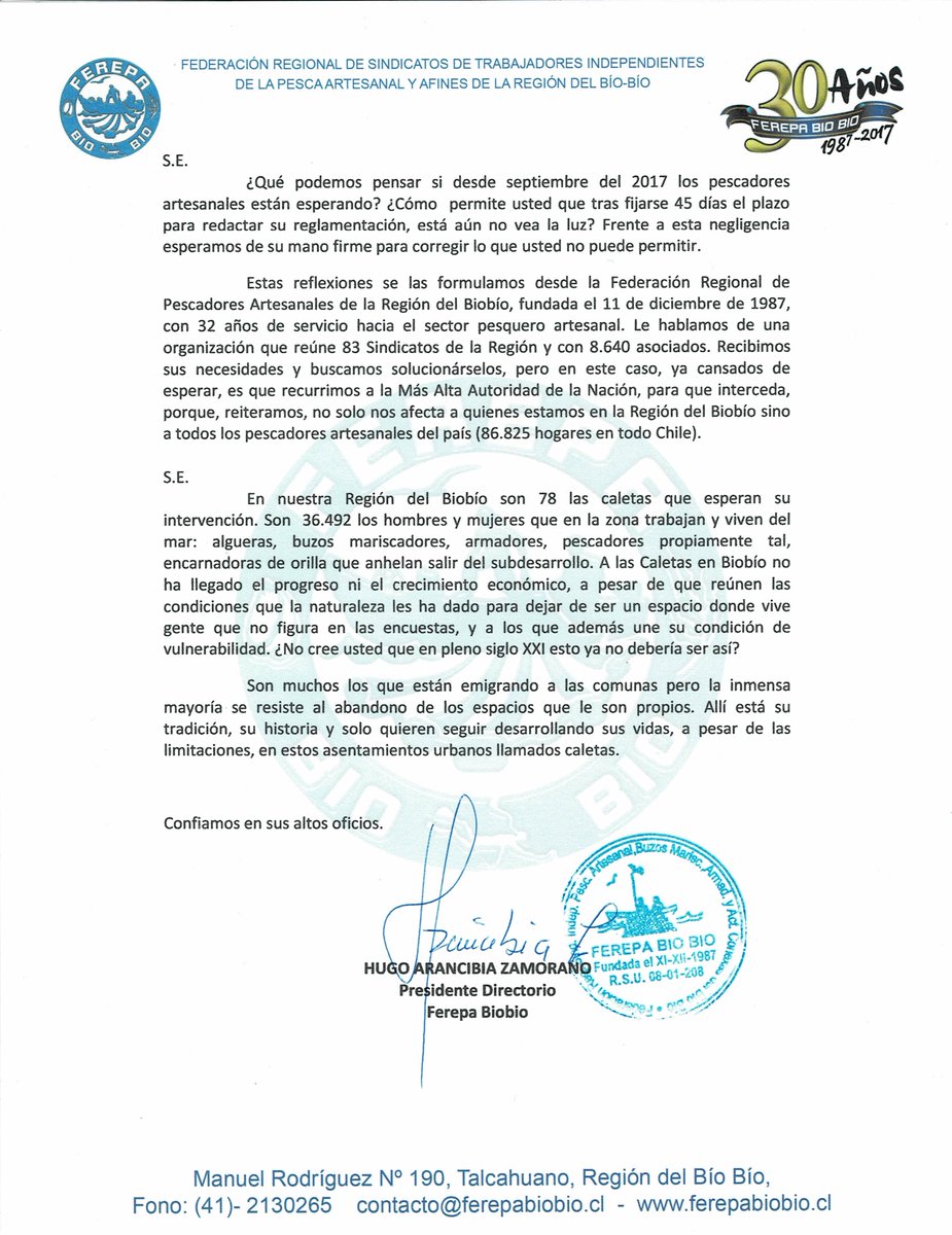 FerepaB's tweet photo. Ante la in eficiencia sectorial,Ferepa Biobio despacha carta al Presidente de la República solicitando gestione emisión de Reglamento de Ley de Caletas que tiene parado el desarrollo en las 462 caletas de pescadores artesanales a nivel país @SubpescaCL @sebastianpinera https://t.co/plHgq2bhWn