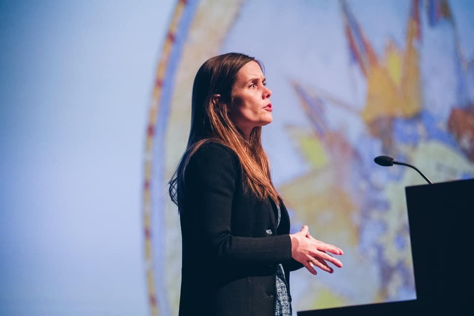 MaryGordonROE's tweet photo. I was inspired to hear Prime Minister Katrín Jakobsdóttir of #Iceland speak ⁦@SohForum⁩ - she brought a message of hope and peace to our gathering in #Reykjavik. ⁦@RootsofEmpathy⁩ https://t.co/wMVj2VWP82