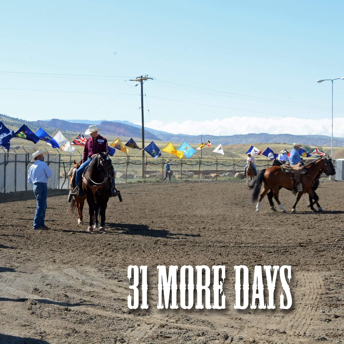 CodyStampede's tweet photo. We have over 30 flags that fly on the perimeter of Stampede Park representing various states and countries. It's always a sight to see them blowing in the Wyoming wind. Nite rodeo starts tomorrow and the Cody Stampede is just 31 days away! #100yearsofrodeo #CodyisRodeo https://t.co/4mAIfmXc8a