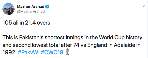 cricpidia's tweet photo. Pakistan's shortest innings in World Cup history. https://t.co/XOCgBTwjK5