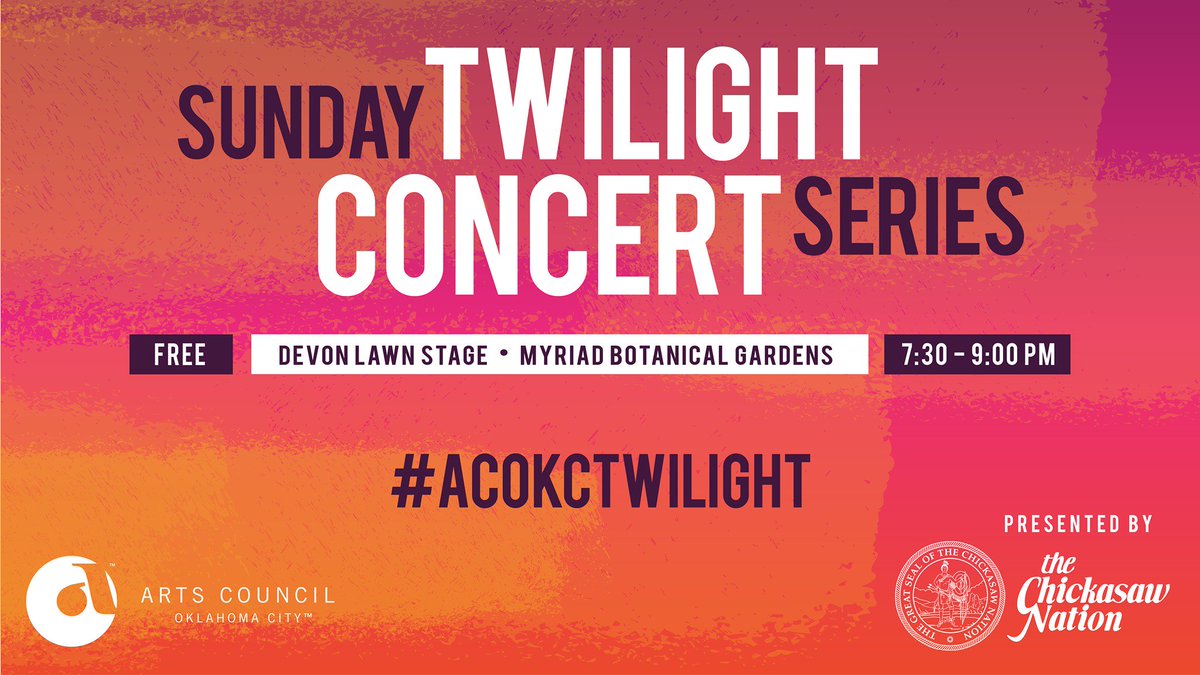 DowntownOKC's tweet photo. Join @artscouncilokc Sundays, June through August, 7:30 to 9:00 p.m. at the Devon Lawn Stage in the @myriadgardens  for their free Sunday Twilight Concert Series. #ACOKCTwilight https://t.co/H988xTMyVJ