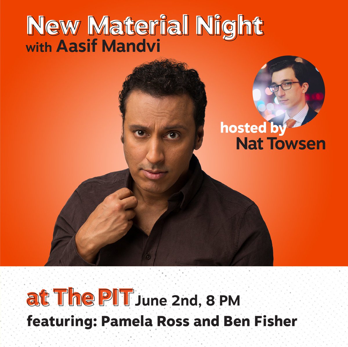 Sunday at 8PM: New Material Night is BACK at <a href="/thepitnyc/">The PIT</a> w/ <a href="/Aasif/">aasif mandvi</a> Mandvi and special guests <a href="/PamNotAnderson/">Pamela Ross</a> and @benfishernyc!

Last show sold out, so get your tickets in advance: thepit-nyc.com/events/new-mat…