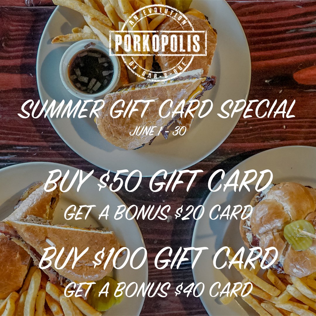 Porkopolisbbq's tweet photo. 🐷 Stock up on gift cards to your favorite barbecue joint during our Summer Gift Card Special, kicking off tomorrow, 6/1 and running through 6/30!

👉 Buy $50 in Gift Cards -- Get A Bonus $20 Gift Card!
👉 Buy $100 in Gift Cards -- Get a Bonus $40 Gift Card! https://t.co/3VoLzu9Plv