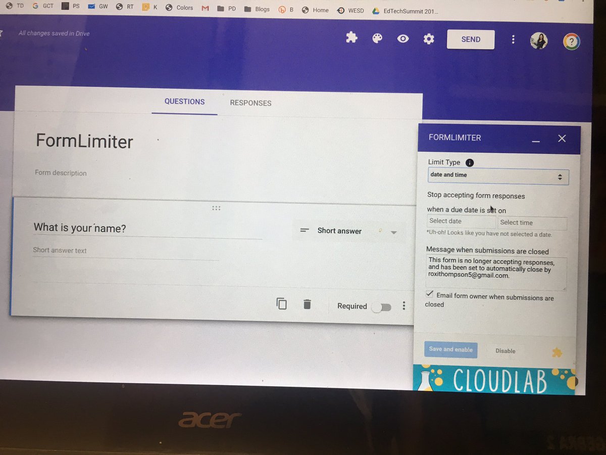 roxi_thompson's tweet photo. Learning about some great #GoogleForm add-ons from @msEdtechie! Love that you can use FormLimiter to set date/time or number of response limitations!
#azgoogle #edtechteam #googleEDU https://t.co/ZJWhQQbN3l