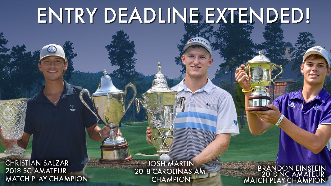 📢Good news! Entry deadlines have all been extended to June 3 for: 
Carolinas Amateur at Governers Club (bit.ly/2I9eBoR) 
NC Amateur Match Play at Catawba Country Club (bit.ly/2HNmVvD) 
SC Amateur Match Play at Columbia Country Club (bit.ly/2Z0HWc6)