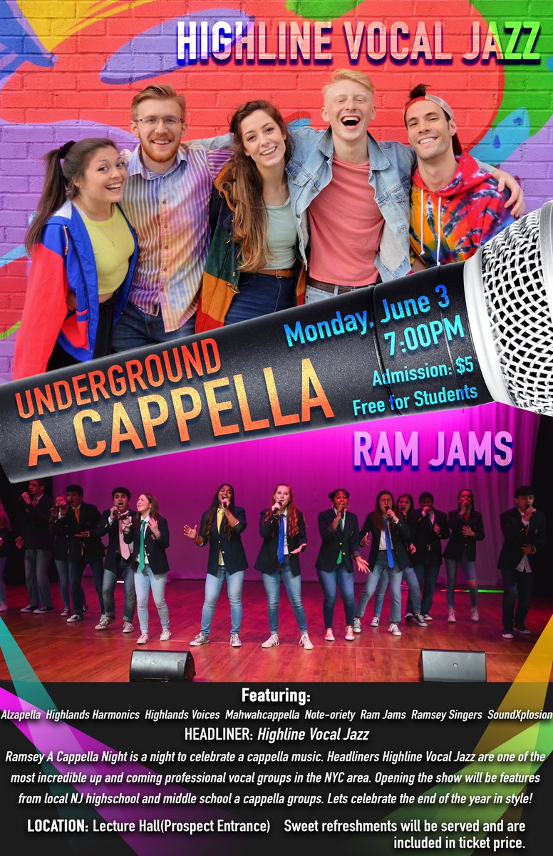 Come out to Ramsey A Cappella night, with headliners High Line Vocal Jazz, and featuring local acappella groups! 7pm in the HS lecture hall. Tickets are $5 (free for students) and include refreshments. #acappella