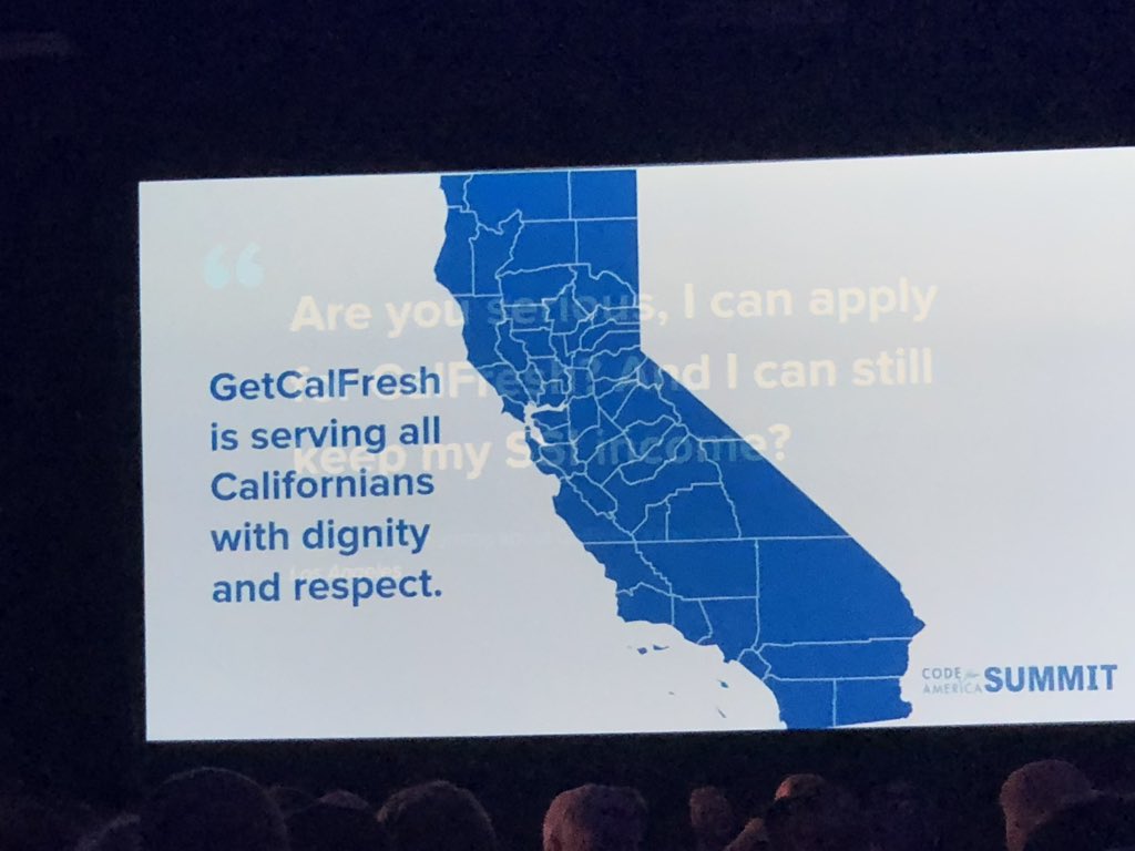 brendanbabb's tweet image. Congratulations to @codeforamerica taking #GetCalFresh statewide in #California today and welcoming all 800K SSI applicants tomorrow. #CfASummit @CaitlinDocker