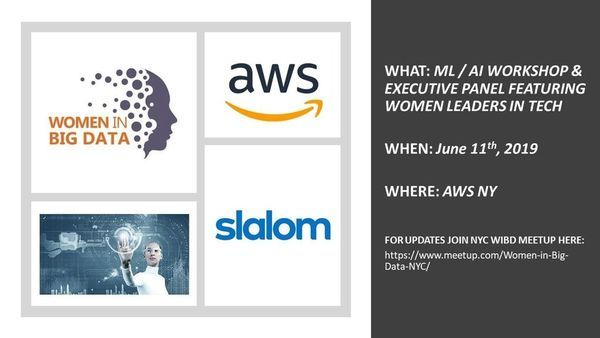 DataWomen's tweet photo. #AWS, Slalom Consulting &amp; Women in #BigData are hosting an
#AI / ML workshop along with an executive panel featuring women leaders in technology on June 11th afternoon at AWS NY office. For details and to register see the meetup page https://t.co/mKNPgKBSpm https://t.co/VLigtyMk8F