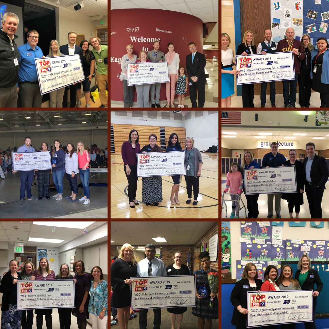 Royal_CU's tweet photo. We’ve had a great time presenting $1000 to 9 deserving educators in our FOX 9 Top Teacher promotion. Check out our blog post re-capping our 2019 awards https://t.co/uc2LVsNf7Q #RoyalEducation #RoyalinMN #RoyalGivesBack https://t.co/y6GfBy0x9P
