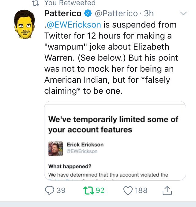 GabeHoff's tweet image. .@EWErickson unfairly got a 12 hour suspension for this joke about Elizabeth Warren. Twitter doesn’t want you to see it.  It would be a shame if everyone shared it.
