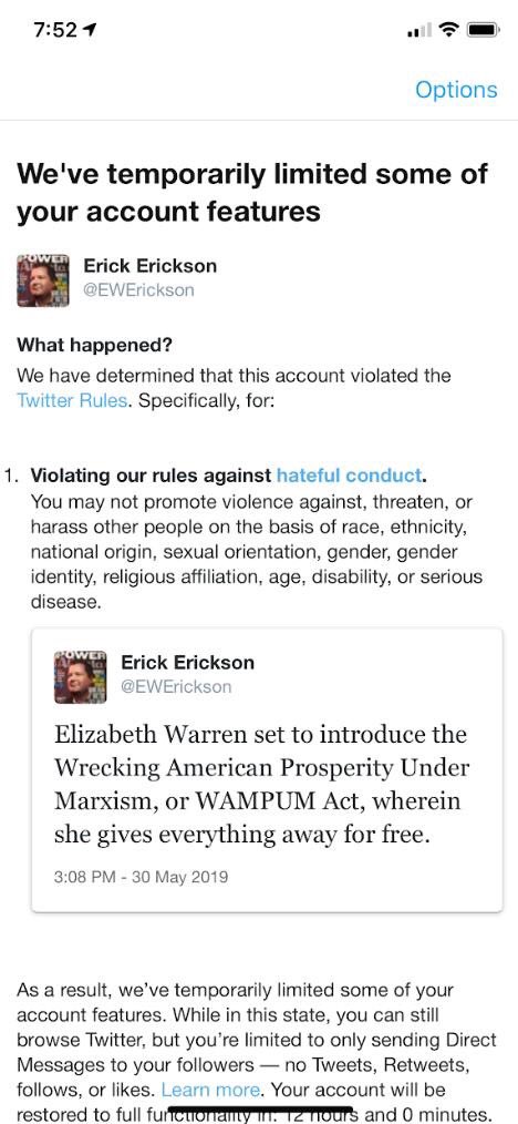 GabeHoff's tweet image. .@EWErickson unfairly got a 12 hour suspension for this joke about Elizabeth Warren. Twitter doesn’t want you to see it.  It would be a shame if everyone shared it.