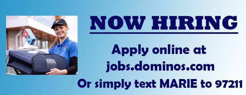 DominosAtlantic's tweet image. Domino's is Hiring! 🍕👍💰 Flexible hours! Room for advancement! Pizza discounts! Simply TEXT ''Marie'' to 97211 #dominos #nowhiring #makeextracashwithdominos