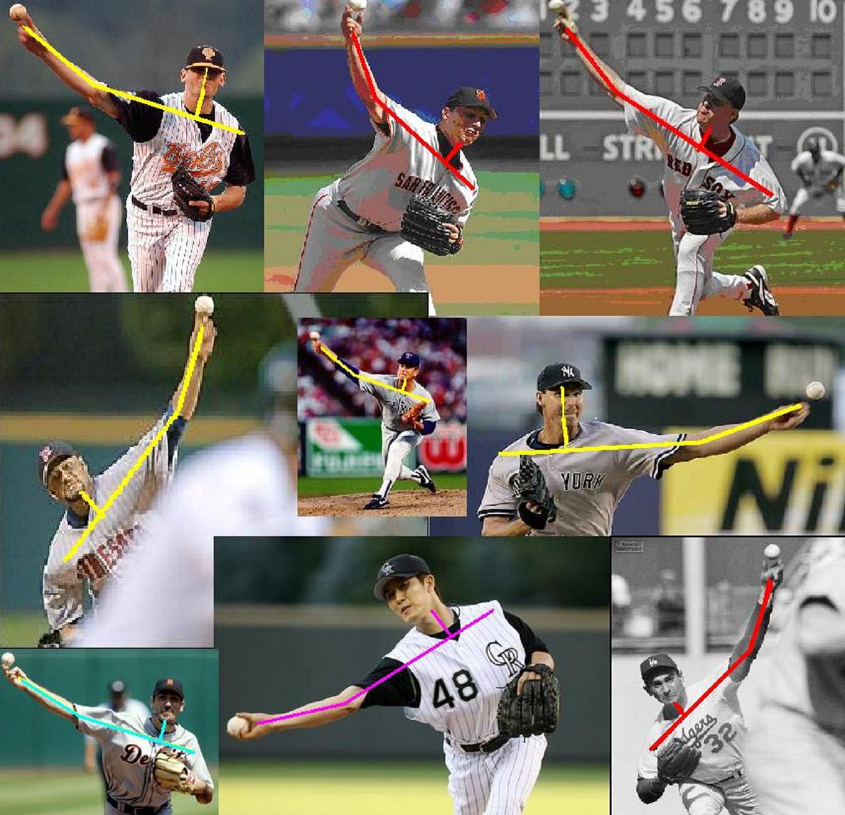 JWonCATCHING's tweet photo. All these arm slots/release points would be basically the same if every pitcher pictured had the same posture. Trunk/torso tilt sets the arm slot. https://t.co/6RHIeBfUHR