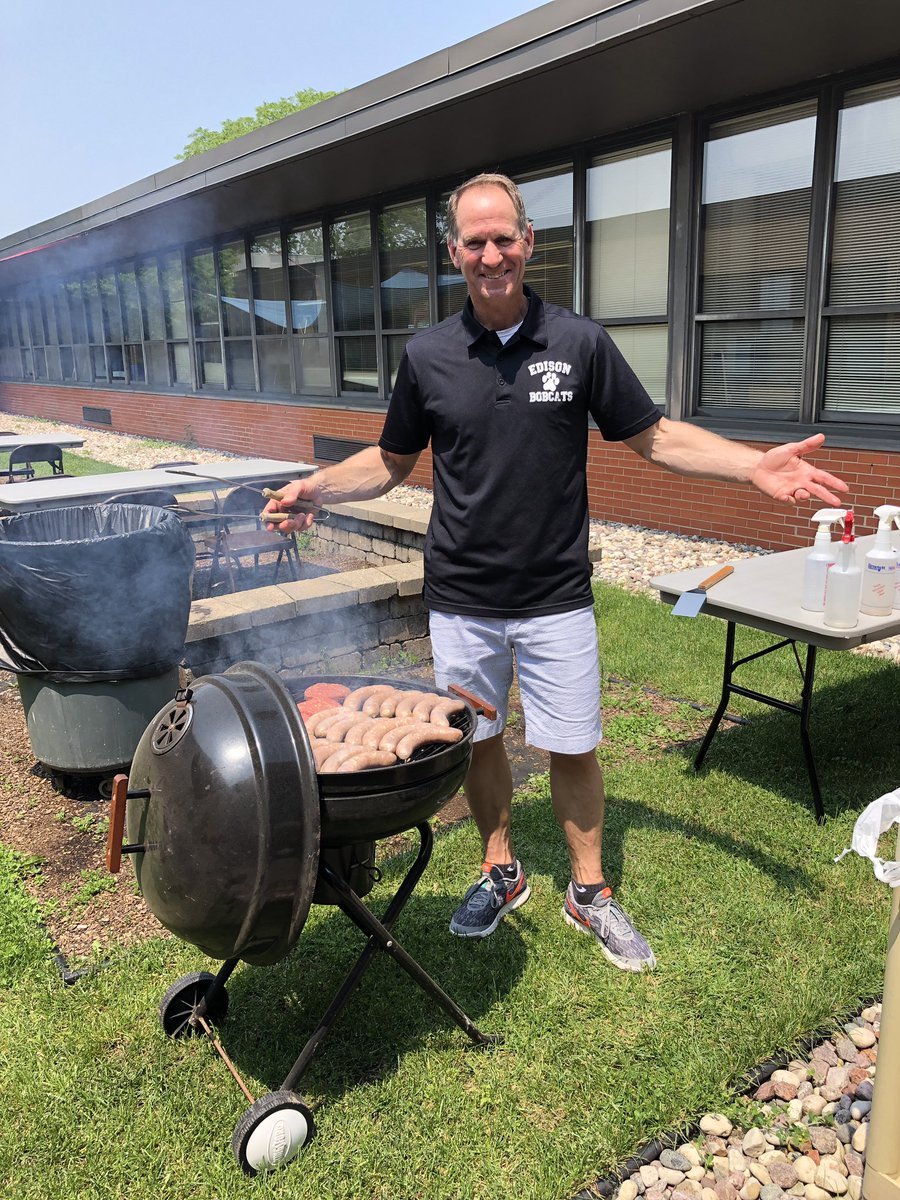 lisalmariani's tweet photo. What does Mr. Pluskota do right after flag lowering and bell ringing? BBQ for the staff! @EdisonD205 #hesgoodwiththegrill #ahhhsummer https://t.co/jF6pjA57F0