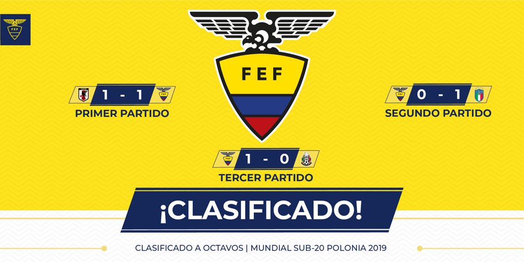 ¡Clasificados! 🇪🇨

Nuestra selección ecuatoriana de fútbol clasificó a los octavos de final de la Copa del Mundo Polonia Sub 20. #MiTriMundial #U20WC