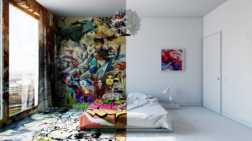 AServicesInc's tweet photo. An incredible example of finding one's niche and owning it. Kudo's to Ukrainian artist Pavel Vetrov for creating this hotel room which draws a vividly stark contrast between the chaos and colors of street art with the colder minimalist design. #PavelVetrov @Pantone #FridayFeeling https://t.co/sbXTjEKsg8