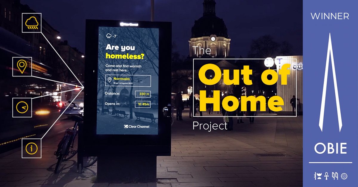 CCOutdoorNA's tweet photo. Congratulations to Clear Channel Sweden &amp; Prime Weber Shandwick for winning an OBIE! The Out of Home Project showcased real-time weather, location, time &amp; info to help Stockholm's #homeless find shelter in the freezing winter. @YourOAAA #OOH #DOOH #YourOAAA @WeberShandwick https://t.co/6Y4kFPxZJt