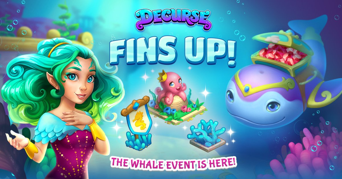 DecurseGame's tweet photo. Fins up! The Whale Event is here! 🐳 
The underwater kingdom needs your help. Send as many goods by whale as you can, and earn some magical limited time rewards! 🧜‍♀️ #decurse https://t.co/8j5M06NOrO