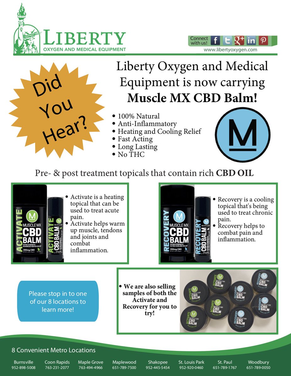 LibertyOxygen's tweet photo. Did you hear? We are now selling #MuscleMx Balm at our stores! There are many proven benefits to using #CBD-infused products. Stop by one of our eight metro area locations to learn more. #cbdbenefits #naturalhealth #cbdbalm https://t.co/n0o1n2E277
