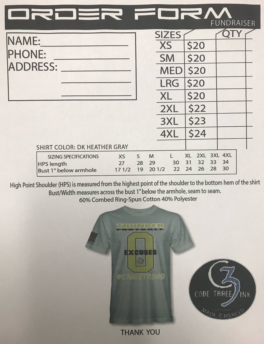 BCThunderFB's tweet photo. #camistrong - order your t-shirt #ZEROExcuses supports our own @camiann12 . Pre-sale - complete and return to Coach Navarra (email at knavarra@muhsd.org, text (209) 201-1167 or DM) payable to: Buhach Colony Thunder Football (will make arrangements to collect payment) https://t.co/5Uu2qjdOmd