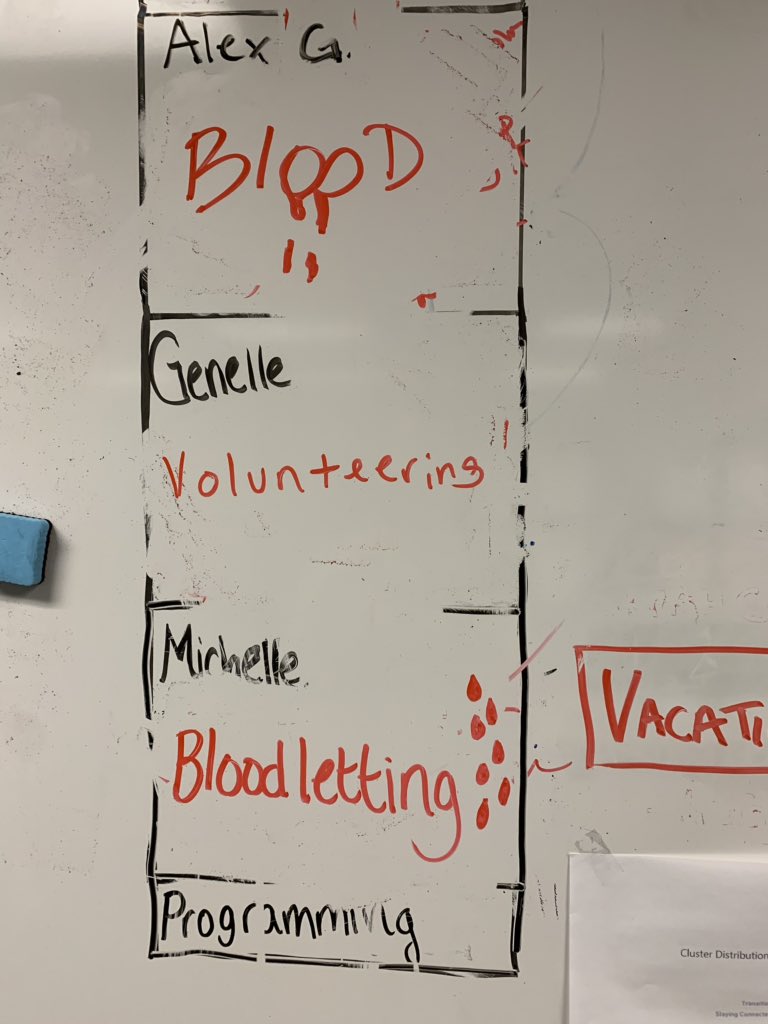 APLmichelle's tweet photo. The Programs and Partnerships team updates the board when we’ll be away from our desks for longer than normal. Today @InovaBlood is here at Central Library hosting a blood drive... #librarybehindthescenes https://t.co/rV6QG7pqmK