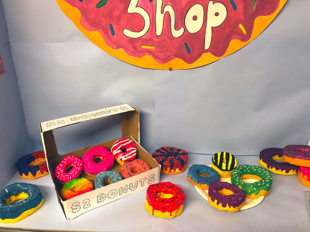 S2 opened their Claes Oldenburg inspired “Donut Shop” today! Pupils designed their own donuts and created them using paper mache. 🍩
 #ifeelhungrynow #popart #arteducation #donuts #claesoldenburg #pedagoofriday