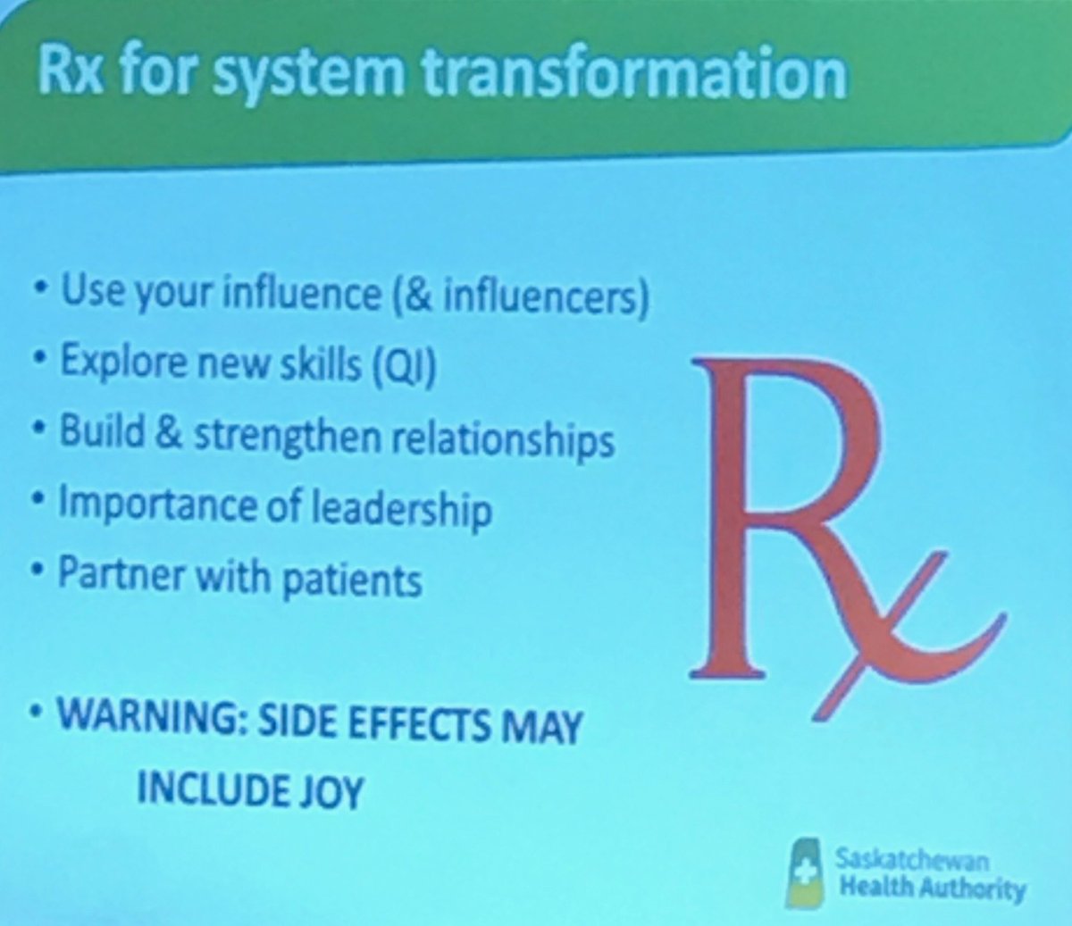jocelynw_sk's tweet photo. @drsusanshaw had a prescription for system transformation for @CQIP_SK Cohort 3 graduates. #capstone3 @hqcsask https://t.co/kzonq54tll