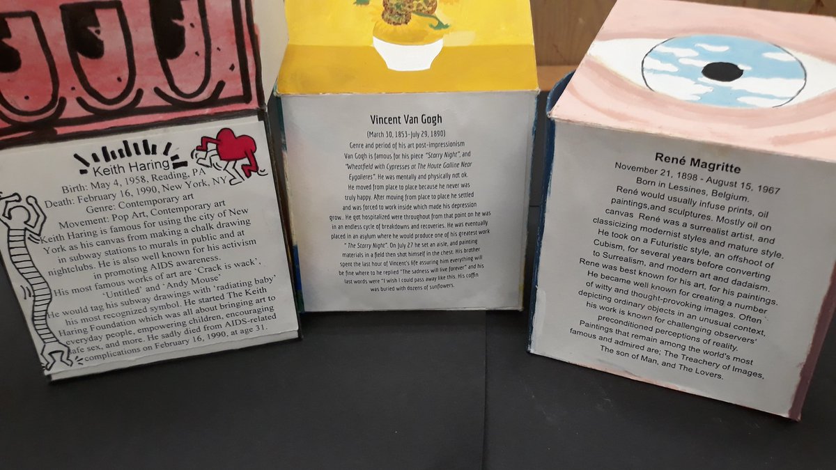 artsteachobbs's tweet photo. Famous Artist #unbirthday Boxes from @crazy4art Mrs. Redondo's art classes include a bio and a gift for the artist inside... such thoughtful details!! @ArmijoHigh @FairfieldSuisun https://t.co/Y7toNsux8y