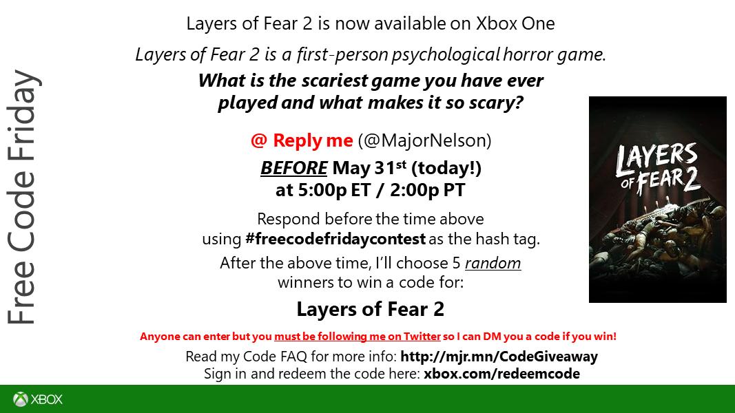 majornelson's tweet image. #freecodefridaycontest time. Read this and you could win a code for @LayersOfFear2 on Xbox One. Good luck.