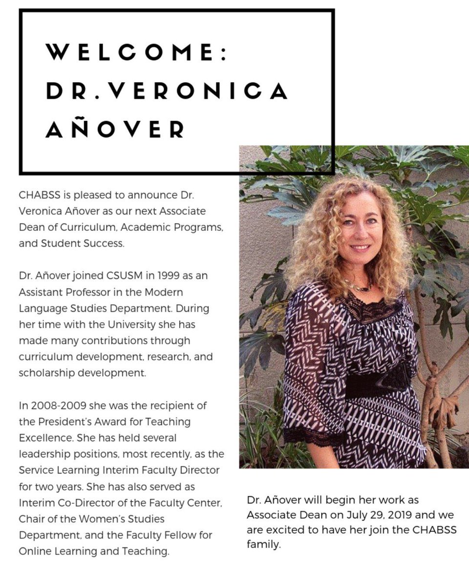 csusm_chabss's tweet photo. CHABSS is pleased to announce Dr. Veronica Añover as our next Associate Dean of Curriculum, Academic Programs, and Student Success.
#chabss #csusm https://t.co/ZBJSh3M1Vs