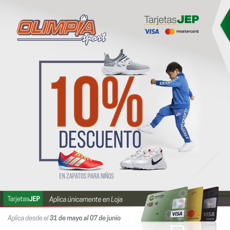 CooperativaJEP's tweet photo. Aprovecha el 10% de descuento con tus #TarjetasJEP en #OlimpiaSport en la compra de zapatos para niños. *Aplica en #Loja hasta el 07 de junio 2019. https://t.co/cr1bIun6Qh