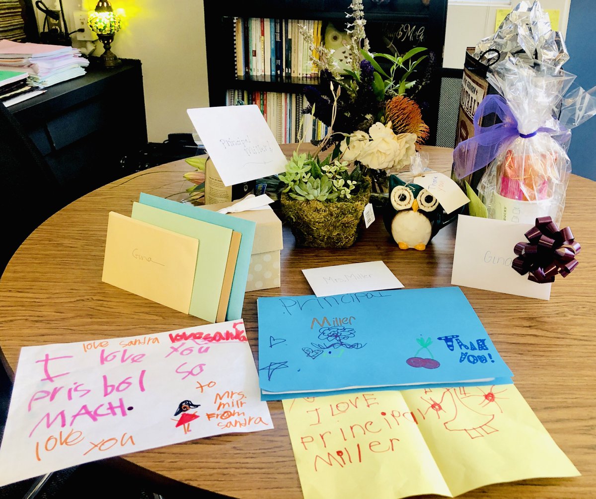MuM_principal's tweet photo. MUM Administrative Appreciation Week (5/28-5/31) wrapped up with Principal Miller’s office decorated with an “Owl always appreciate all you do for us poster,” surprise gifts, a LMLL plaque presented her at Peace Corral, and a PTA sponsored staff luncheon. #LMSVHeart 💙🧡 #LMLL https://t.co/YNTUMOgZ4G