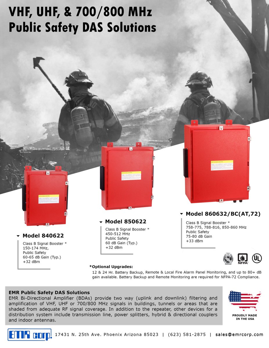 emrcorporation's tweet photo. EMR offers a myriad of In-building #DAS Solutions from #NFPA compliant BDA hardware, to engineering &amp; design, to turnkey EFI through #PublicSafety partners we work with! https://t.co/BuMvCdNn5z