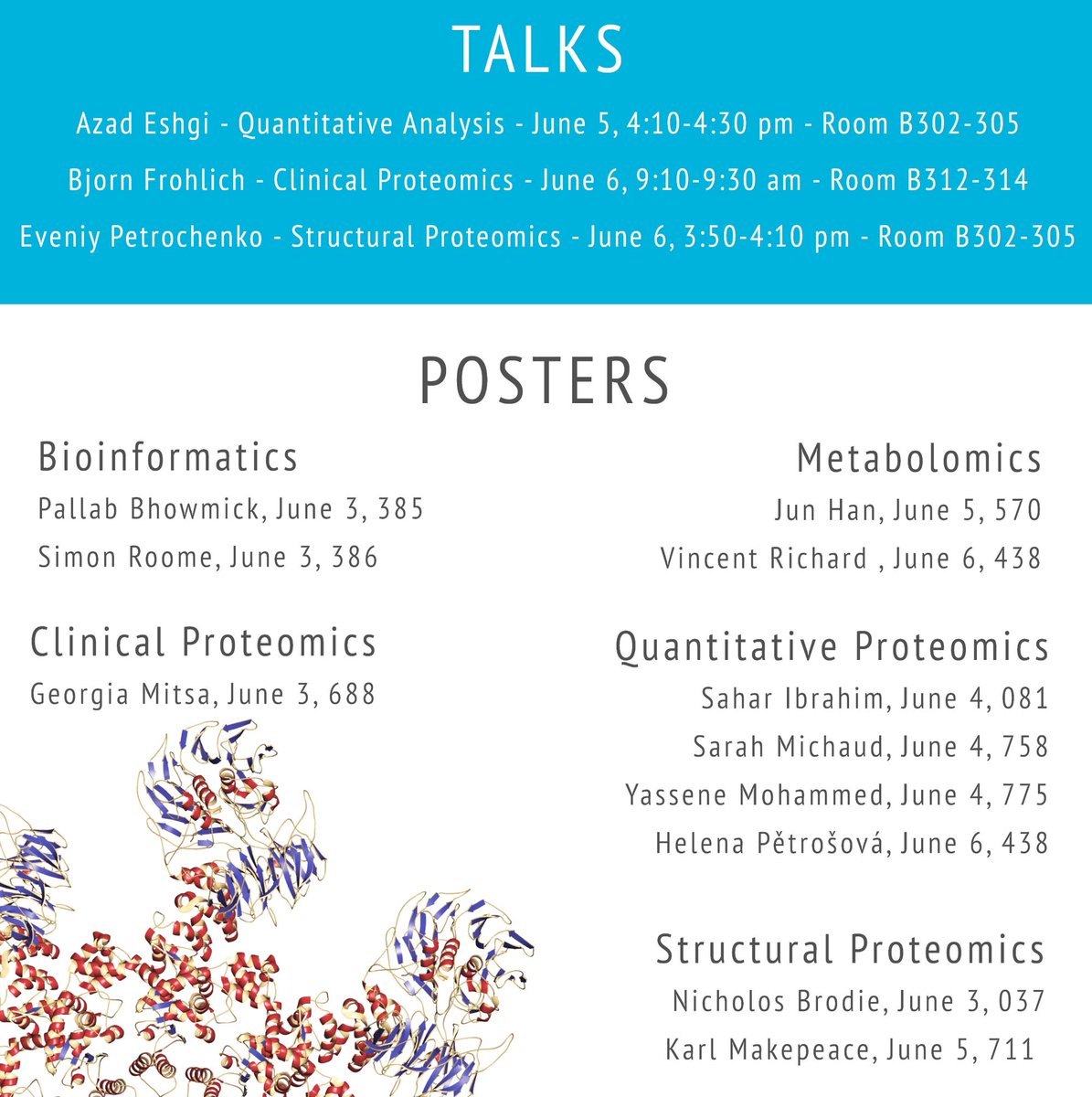 ChrisHBorchers's tweet photo. Last minute planning for #ASMSATL? Don't forget to mark these impressive talks and posters on your calendar!
Topics include: #bioinformatics #clinicalproteomics #metabolomics #quantitativeproteomics #structuralproteomics https://t.co/tgFs1LcbFs