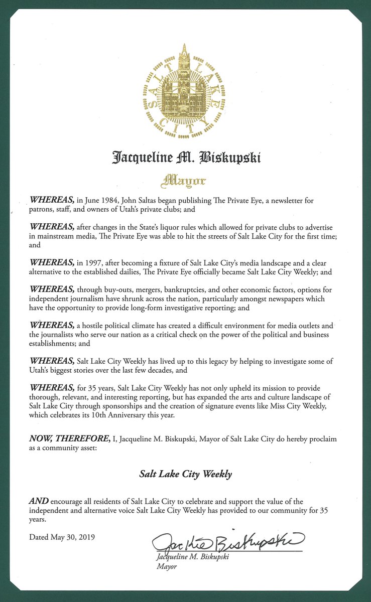 CityWeekly's tweet photo. Thank you @slcmayor for proclaiming City Weekly a "community asset." It's not a distinction we take lightly. And THANK YOU to our readers, advertisers and overworked staffers and contributors. With folks like you behind us, we can't help but to feel our future is bright ❤️ #cw35 https://t.co/ZaRrBaodca