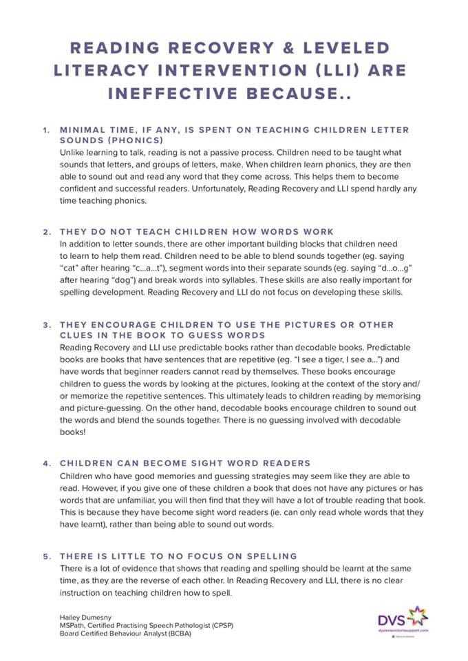 Isaology's tweet image. Please Retweet: “Reading Recovery &amp;amp; Leveled Literacy Intervention (LLI) are ineffective because...”

Written by DVSf member Hailey Dumesny, Speech Pathologist, Behaviour Analyst. #DyslexiaVictoriaSupport via @lovethatsmile 

#ReadingRecovery #FPliteracy
#StructuredLiteracy
