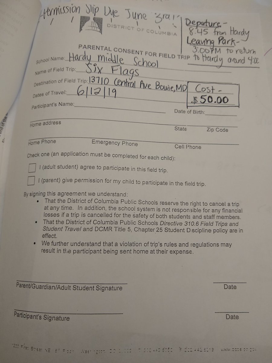 HardyHomework6's tweet image. 6th Grade June 12th Field Trip permission slip and money due Monday. This was sent home with students last Friday. Here is an extra copy, if needed.