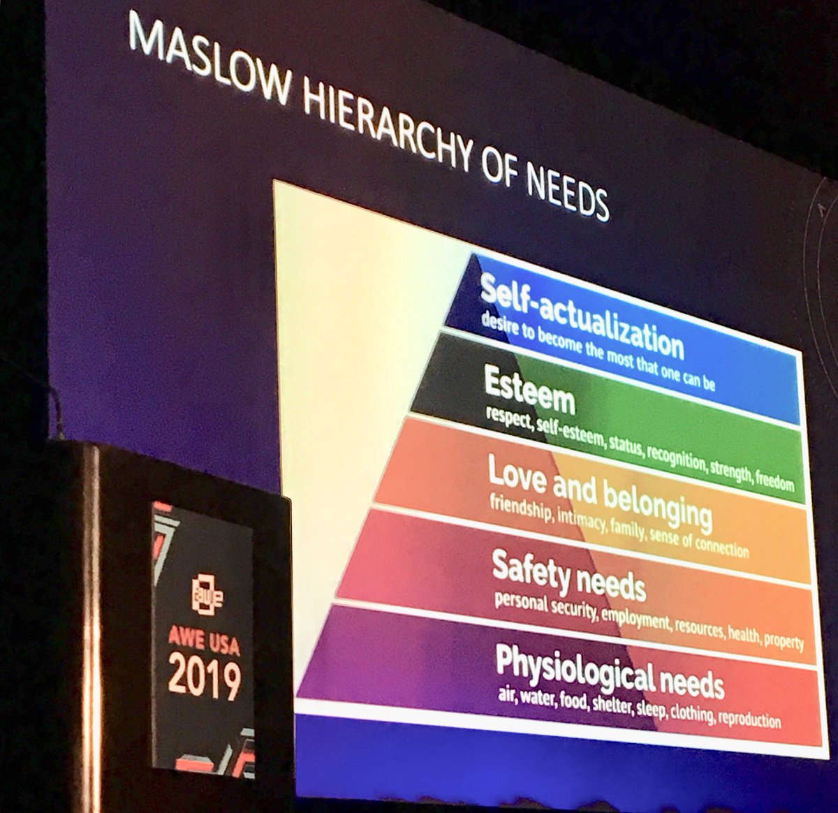 ARealityEvent's tweet image. #MaslowHierarchyOfNeeds presented by @KrisOverstreet during her session in the Humanities Track right now #AWE2019