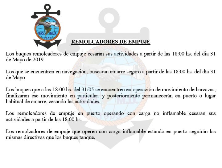 SOMU_arg's tweet photo. @MundoGremial @InfoGremiales @CronicaSindicaL @SonidoGremial @lineasindical @TradeNewsAr @ehubelen @FlorCarbo @ComexOnlineArg @_transport Información importante - Paro en la #FENA
#Remolcadores #Supply #BuquesTanque #RemolcadoresDeEmpuje https://t.co/0jPSV6kyxp
