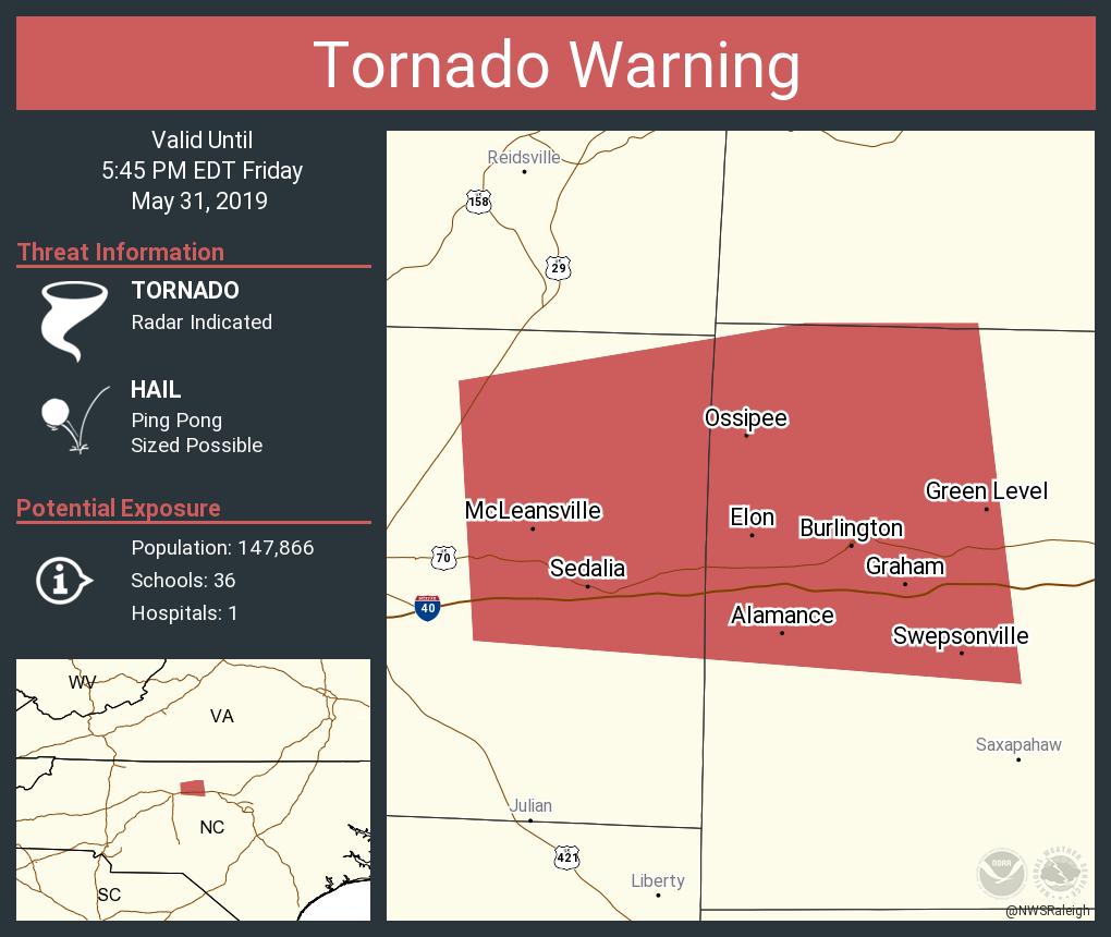 MyRock965's tweet photo. Tornado Warning continues for Burlington NC, Graham NC, Elon NC until 5:45 PM EDT https://t.co/rZPjXviDhT https://t.co/apyqBQI7eK
