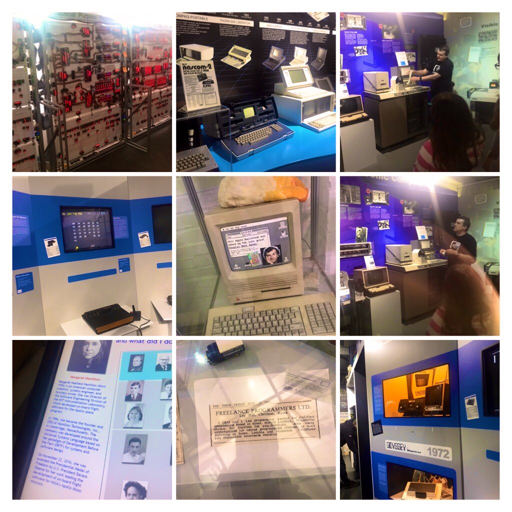 A collage of photos from the exhibit. Oooold computers.