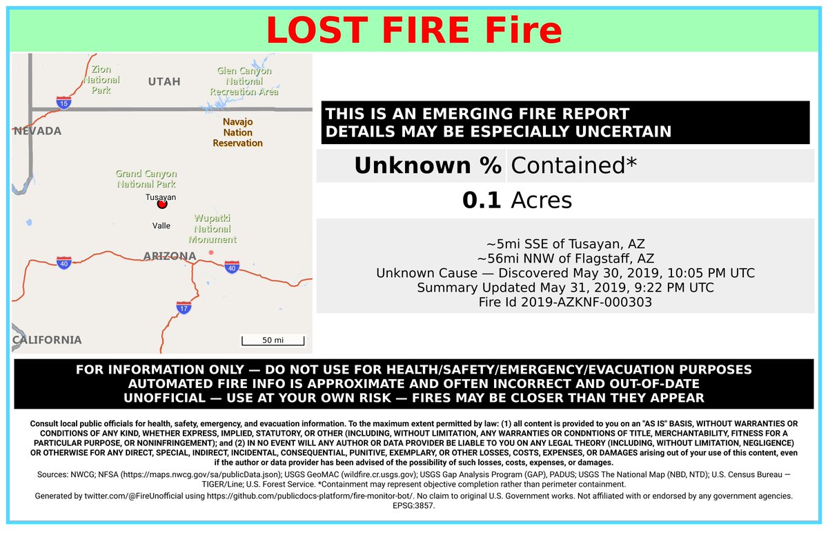 SWFireBot's tweet image. #LostFire 🔥 discovered May 30, 2019, 10:05 PM UTC - unofficial report.
#CoconinoCounty Kaibab NF; ~5mi SSE of Tusayan, AZ. ~56mi NNW of Flagstaff, AZ. See officials for safety info. May be incorrect; disclaimers in images.