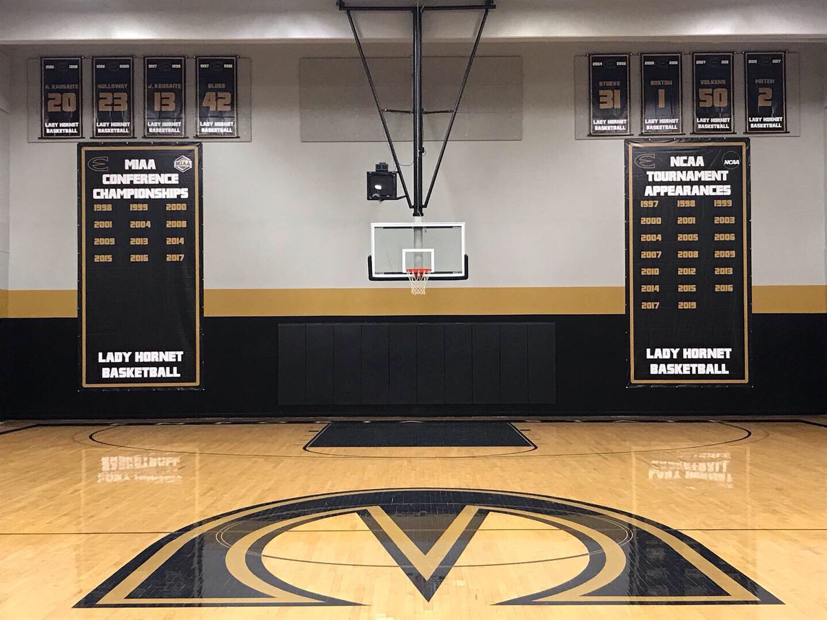 ESUHornetsWBB's tweet photo. Phase 2 of the practice gym renovation - the reason we have banners to hang is because of the blood, sweat and tears left in this gym! #ProtectTheTradition #RoomForMore #GymC https://t.co/Mk0FU4Lbju