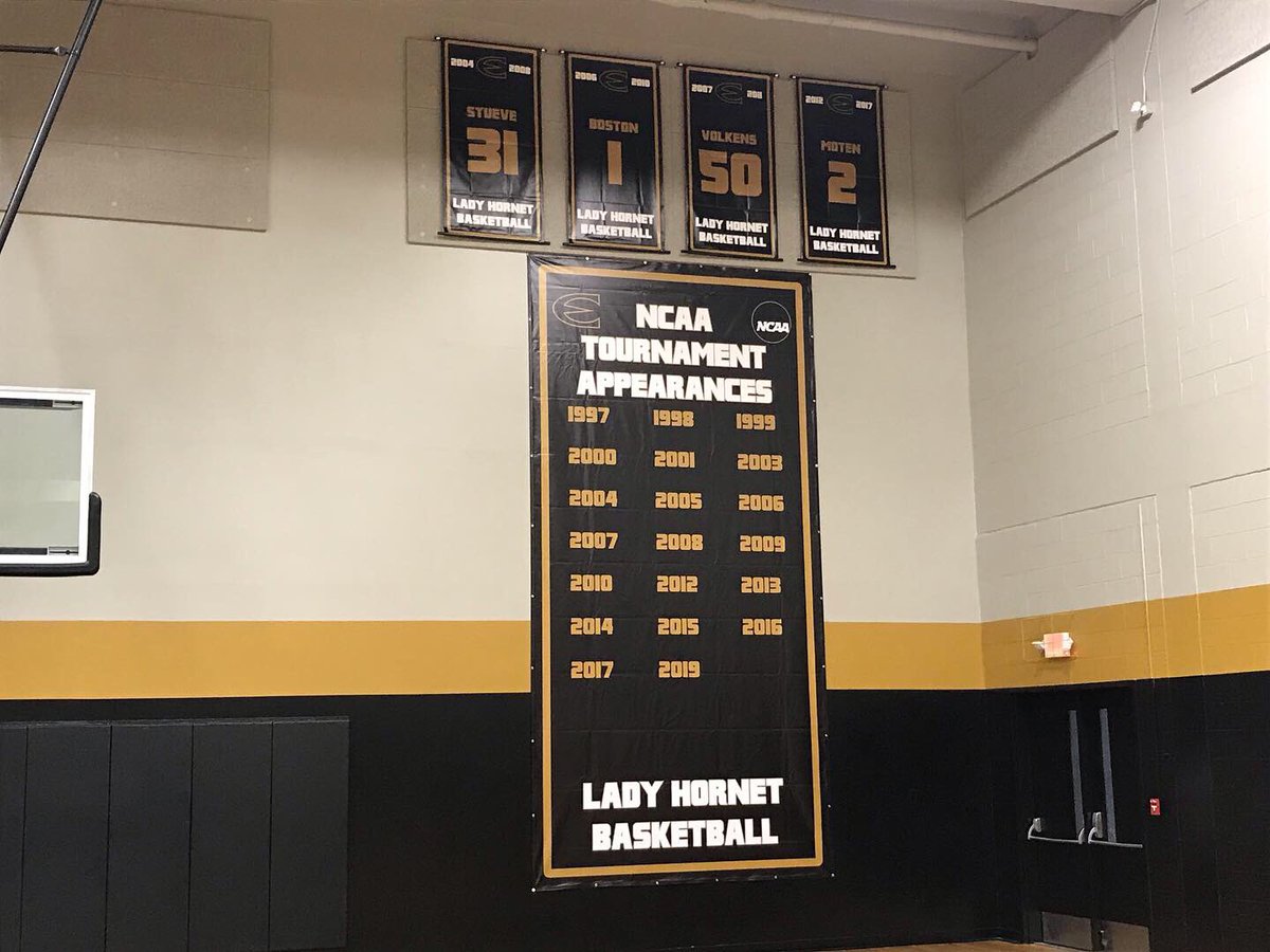 ESUHornetsWBB's tweet photo. Phase 2 of the practice gym renovation - the reason we have banners to hang is because of the blood, sweat and tears left in this gym! #ProtectTheTradition #RoomForMore #GymC https://t.co/Mk0FU4Lbju